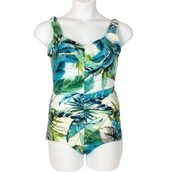 Maxine Of Hollywood Swimsuit Size 14 White Turquoise Ruched Girl Leg Wide Straps - Picture 1 of 5